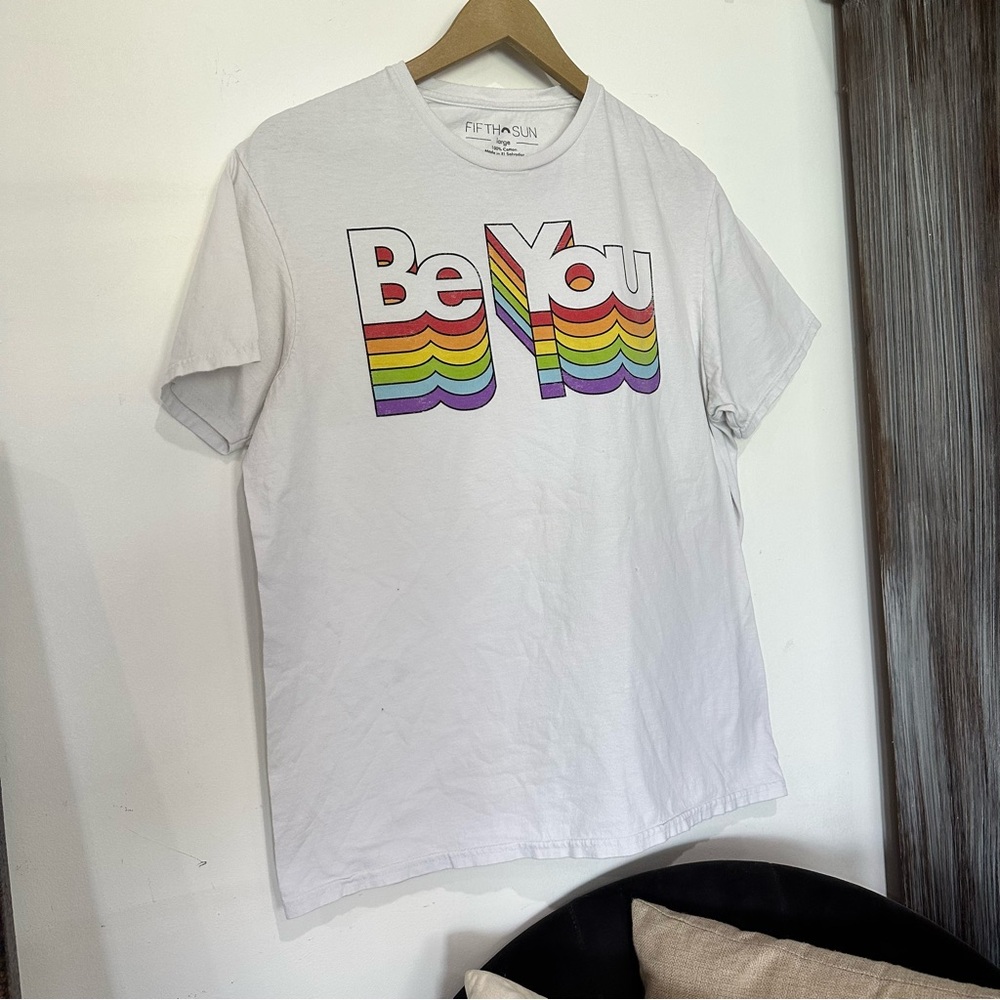 White 'Be You' Graphic T-Shirt Large Rainbow